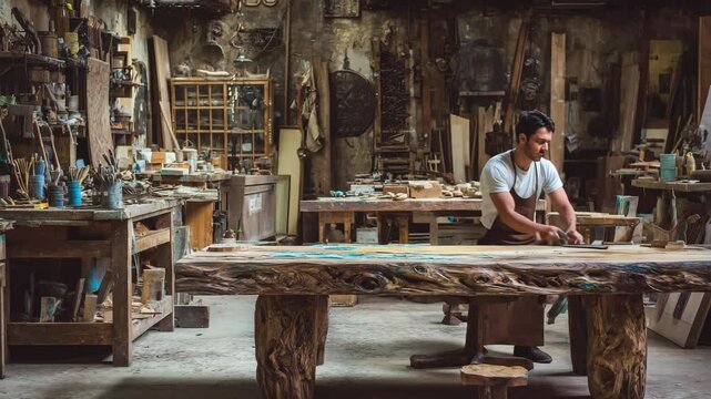 A craftsman working on a large wooden table in a cluttered but cozy workshop environment.
