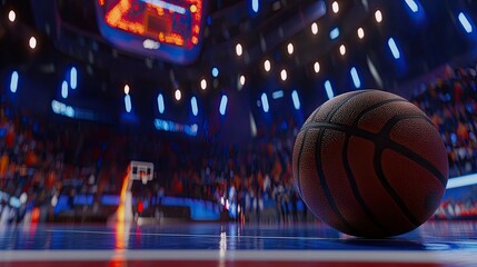 Close-up of basketball on court in arena with blurred crowd and scoreboard.