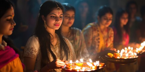Indian Women Holding Lit Oil Lamps for a Festival Celebration at Night