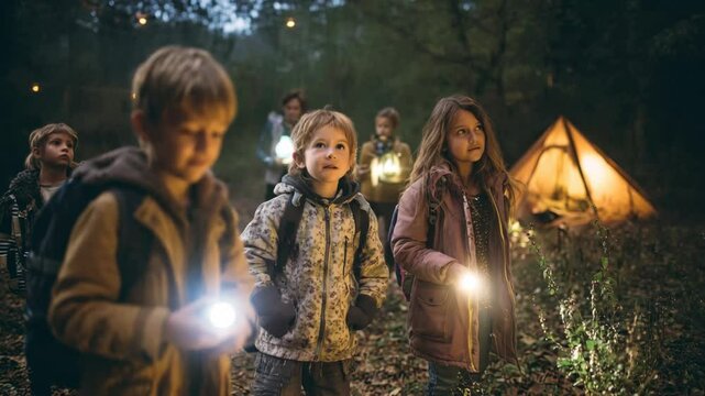 Curious children explore the dark woods with flashlights, near a glowing tent in the forest.