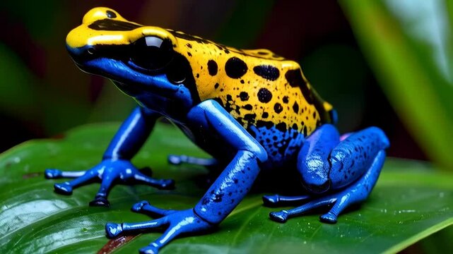 Close-up of vibrant poison dart frog resting on a leaf, showcasing its striking yellow and blue coloration in a lush environment.