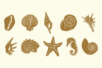 Minimalist hand drawn sea shell set. Vector coastal marine drawing silhouettes for logo, print, menu. Summer tropical beach ink shell doodle design elements.