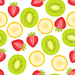 Banana, kiwi and strawberry seamless pattern. 
Background with slices of tropical fruits and berry. Vector cartoon flat illustration.