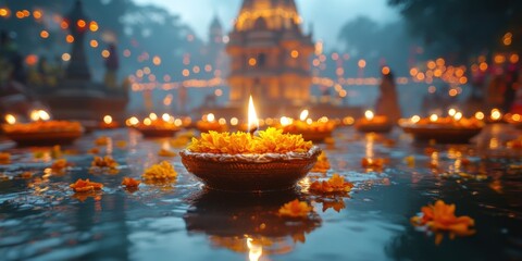 Diwali Celebration Featuring Lit Diyas and Flower Petals Scattered on Surface