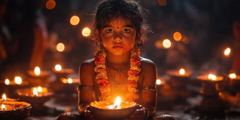 Young Indian Child Holding a Candle in a Celebration Amidst Glowing Oil Lamps