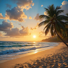 Tropical sandy ocean beach with palm trees vintage toned