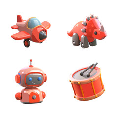 Fototapeta premium Set of toys. Kids' toys icon set. Plane, dinosaur, robot and drums for children to play. Bright and interesting objects for kids. Vector