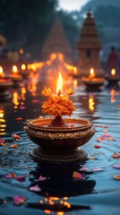 Glowing Candle Flame and Flowers in Ornate Bowl Floating on Water Surface