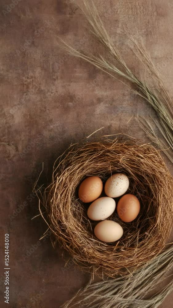 Poster stop motion sequence capturing farm fresh eggs nestled within wheat stalks, showcasing rustic agricu