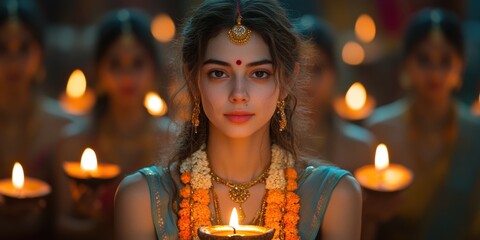 Indian Woman Holding Lit Oil Lamp with Festive Decorations in Soft Glow Setting