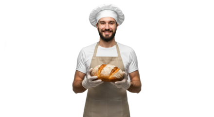 Smiling Baker Holding Freshly Baked Bread Wearing Apron and Chefs Hat