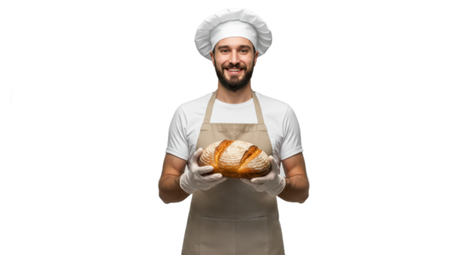 Smiling Baker Holding Freshly Baked Bread Wearing Apron and Chefs Hat