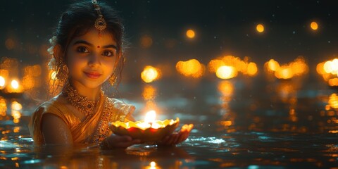 Indian Girl Holding Festive Candle Lamp in Water on Diwali