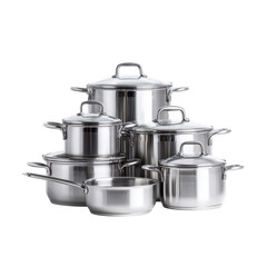 Stainless Steel Cookware Set Displayed on White Background Including Various Pots and Lids Perfect for Kitchen and Cooking Photography