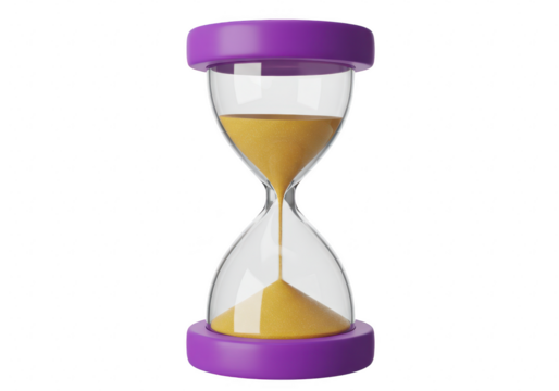 A purple hourglass with golden sand slowly flowing through the glass, isolated on transparent background - Powered by Adobe