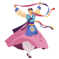 Korean Dancer in Hanbok with Ribbons Illustration