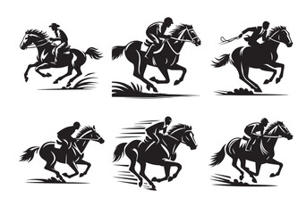 A man riding a horse with high speed running Silhouette Vector Set