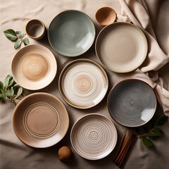 Flat lay of neutral ceramic plates on linen tablecloth, 