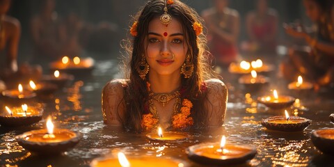 Portrait of Beautiful Indian Woman in Water Surrounded by Lit Oil Lamps
