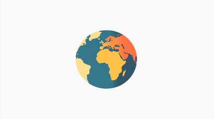 Fototapeta premium Simplified earth illustration with muted color palette showing continents in orange, yellow, and teal against a white background. The style is minimalist and flat