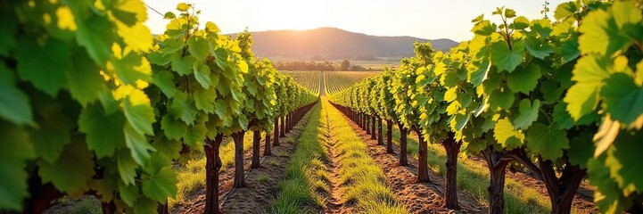 Naklejka premium Sun-drenched rows of grape vines stretching to the horizon, lush green foliage heavy with ripening fruit, a picturesque vineyard landscape , grapes, viticulture, landscape