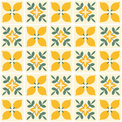 Seamless pattern with lemons and leaves in a Mediterranean tile style. Bright summer colors, flat design