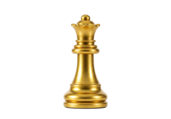 A golden chess queen piece stands isolated on transparent background