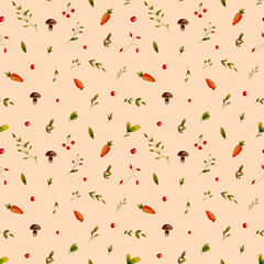 Seamless pattern with autumn berries and leaves on a peach background. Perfect for wallpaper, gift wrap, pattern fill, web page background, autumn greeting cards