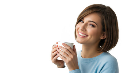 Smiling Woman Holding Coffee Cup Radiating Happiness and Contentment