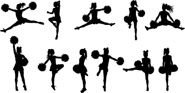 Vector silhouettes of young girls cheerleaders.
