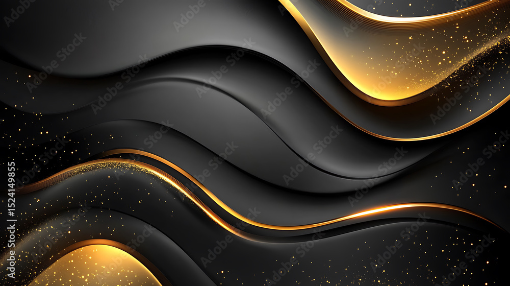 Poster elegant black and gold abstract background design featuring wavy lines and sparkling particle accent