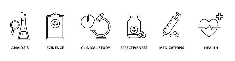 Clinical Research icon with analysis, evidence, clinical study, effectiveness, medications, and health