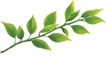Fototapeta premium A sprig with numerous vibrant green leaves, exhibiting smooth, veined foliage attached to a slender, dark brown stem, isolated on a white background