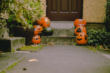Halloween decorated pumpkins on the street