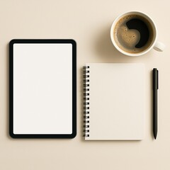 notebook and pad on the desk with coffee