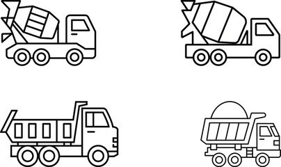 Minimalist Line Icons of Dump Trucks and Cement Mixer vehicles