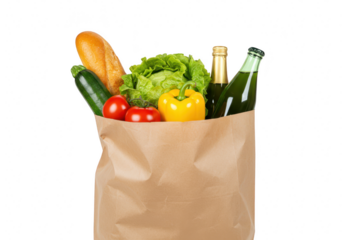 A brown paper grocery bag filled with fresh vegetables, a baguette, and bottles of champagne and beer, isolated on transparent background