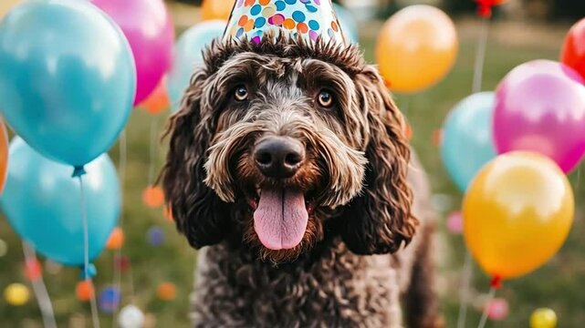 A cheerful dog wearing a party hat among colorful balloons.