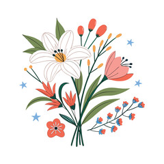 Lily Flower Bouquet Set - Elegant Hand Drawn Botanical Illustration