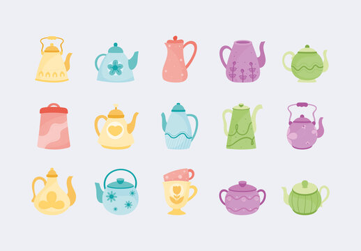 Colorful Tea Time Cups Kitchen Utensils Illustrations Set