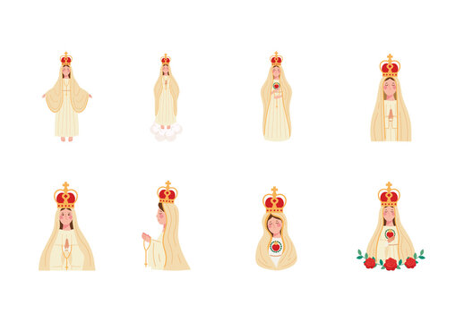 Colorful Fatima Virgin Mary Catholic Queen Religious Illustrations Set