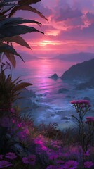 Obraz premium A vibrant sunset over a coastal landscape filled with wildflowers.