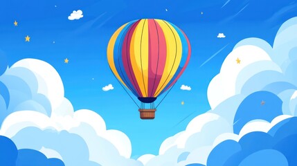 Fototapeta premium A vibrant hot air balloon, multicolored and striped, floats serenely amidst fluffy white clouds against a bright blue sky dotted with small stars