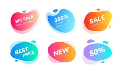 Gradient sale label set. Liquid style promotional badges with vibrant gradients and bold sale messages on white background. Trendy sticker collection for seasonal discounts. Vector 10 EPS.