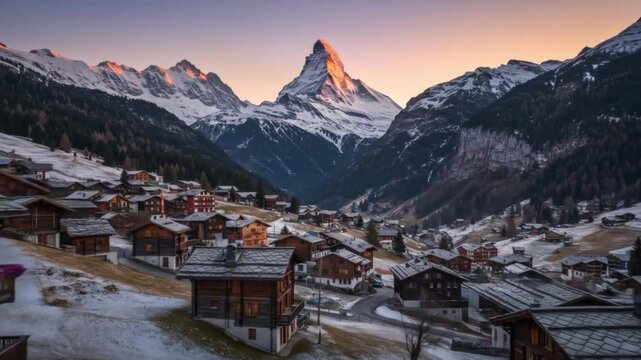 Matterhorn peak zermatt swiss alps village winter landscape 4k video