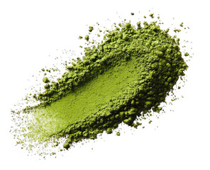 Green powder, slightly oblong, in mid-air, with light-colored particles