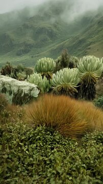 Lush moorland landscape with frailejones plants under a foggy sky in high altitude ecosystem