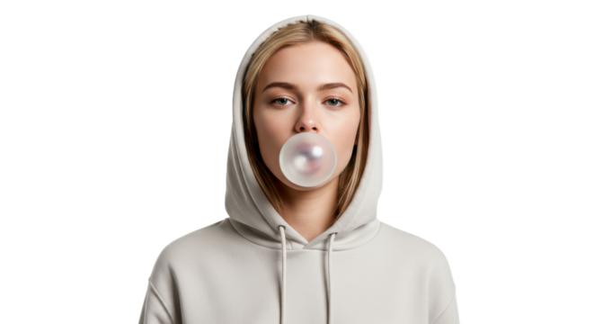 Young Woman in a Hoodie Blowing a Large Bubble Gum Bubble