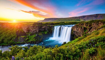 Icelandic Waterfall Sunset Panorama: Majestic Nature at Golden Hour