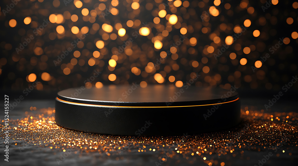 Poster elegant black podium display on glittery surface with golden bokeh backdrop for product showcase and